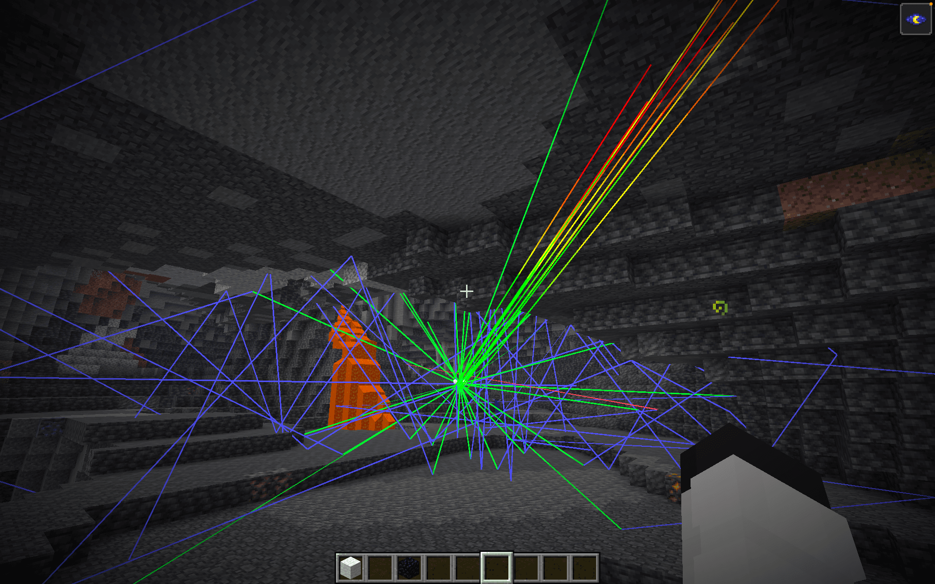 raydio ray debug view, rays bouncing through a minecraft cave
